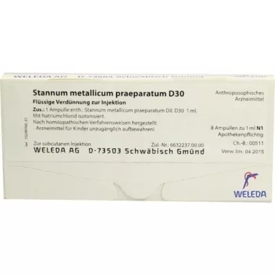 STANNUM METALLICUM praeparatum D 30 ampullen, 8X1 ml STANNUM METALLICUM praeparatum D 30 ampullen, 8X1 ml