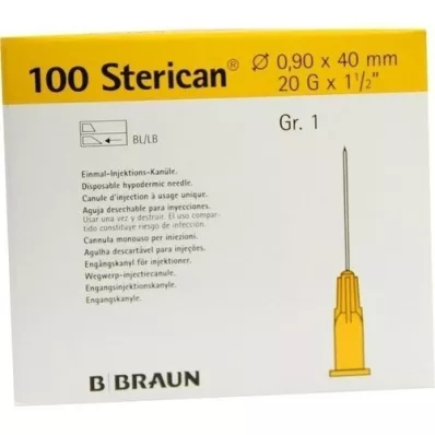 STERICAN Canules Luer-Lok 0,90x40 mm maat 1 geel, 100 stuks STERICAN Canules Luer-Lok 0,90x40 mm maat 1 geel, 100 stuks