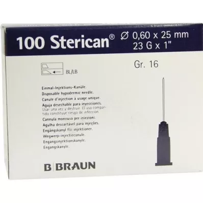 STERICAN Canules Luer-Lok 0,60x25 mm maat 16 blauw, 100 stuks STERICAN Canules Luer-Lok 0,60x25 mm maat 16 blauw, 100 stuks