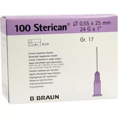 STERICAN Canules Luer-Lok 0,55x25 mm maat 17 paars, 100 stuks STERICAN Canules Luer-Lok 0,55x25 mm maat 17 paars, 100 stuks