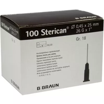 STERICAN Canules Luer-Lok 0,45x25 mm maat 18 bruin, 100 stuks STERICAN Canules Luer-Lok 0,45x25 mm maat 18 bruin, 100 stuks