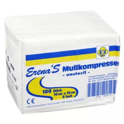 ERENA Gaaskompressen 10x10 cm niet-steriel 8x, 100 stuks