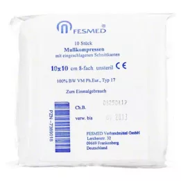 MULLKOMPRESSEN ES 10x10 cm niet-steriel 8x, 10 stuks