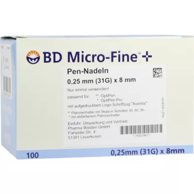 BD MICRO-FINE+ 8 pennaalden 0,25x8 mm, 100 stuks
