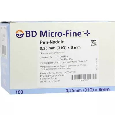 BD MICRO-FINE+ 8 pennaalden 0,25x8 mm, 100 stuks BD MICRO-FINE+ 8 pennaalden 0,25x8 mm, 100 stuks