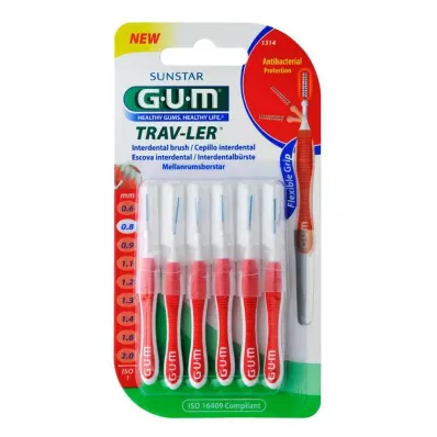GUM TRAV-LER 0,8 mm kaars rood interdentaal+6caps, 6 stuks