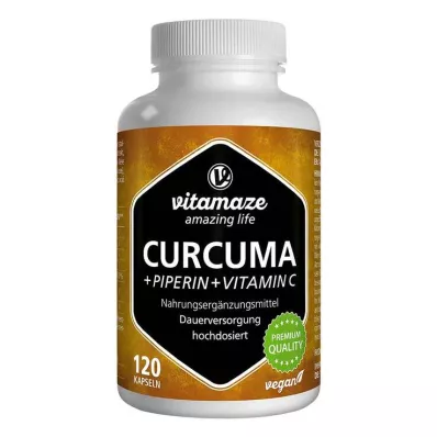 Curcuma + piperine + vitamine C vegan capsules, 120 stuks Curcuma + piperine + vitamine C vegan capsules, 120 stuks
