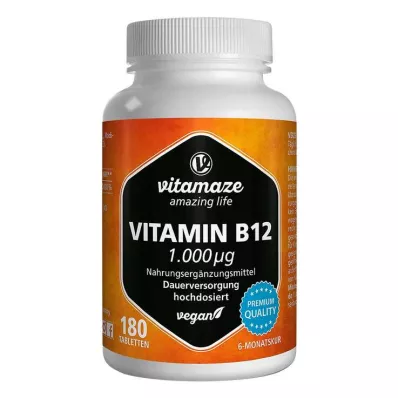VITAMIN B12 1000 µg veganistische tabletten met hoge dosering, 180 stuks VITAMIN B12 1000 µg veganistische tabletten met hoge dosering, 180 stuks