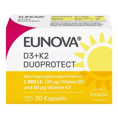 Eunova Duoprotect D3 + K2 1000 IE / 80 µg capsules, 30 stuks Eunova Duoprotect D3 + K2 1000 IE / 80 µg capsules, 30 stuks
