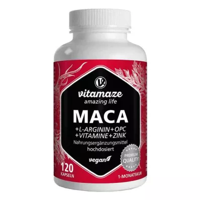 Maca 10:1 hoge dosis + L-arginine + OPC + vitaminen + zink vegan capsules, 120 stuks Maca 10:1 hoge dosis + L-arginine + OPC + vitaminen + zink vegan capsules, 120 stuks
