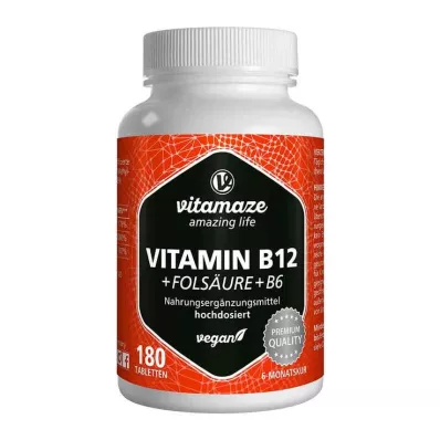 VITAMIN B12 1000 µg hoge dosis +B9+B6 veganistische tabletten, 180 stuks