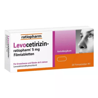 Levocetirizine ratiopharm 5 mg filmomhulde tabletten, 20 stuks Levocetirizine ratiopharm 5 mg filmomhulde tabletten, 20 stuks