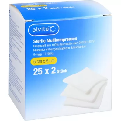 ALVITA Gaaskompressen steriel 5x5 cm, 25X2 st