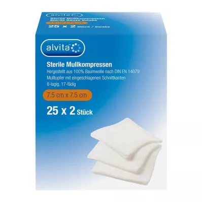 Alvita gaaskompressen steriel 7,5x7,5 cm, 25x2 stuks Alvita gaaskompressen steriel 7,5x7,5 cm, 25x2 stuks