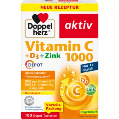 DOPPELHERZ Vitamine C 1000+D3+Zink Depot Tabletten, 100 stuks